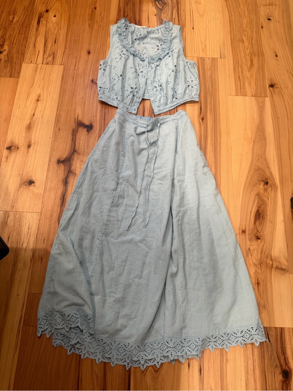 Light Blue Eyelet Midi Skirt set with Tie Waist